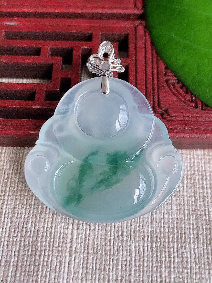 a货翡翠老坑冰种18K金镶嵌飘花佛公吊坠 尺寸37.5×29.2×31.7×5.6mm 重量8.96g 0607