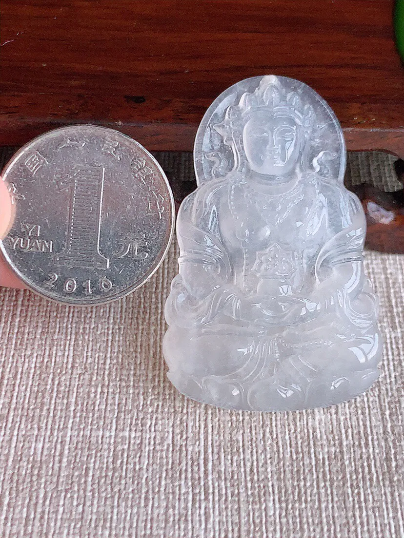 a货翡翠老坑冰种一刀切白月光度母观音吊坠 尺寸45.7×29.6×5.6mm 重量14.29g 0607