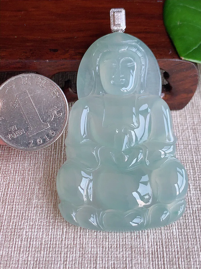 a货翡翠老坑冰种18K金伴钻镶嵌晴水大正装观音吊坠 尺寸72.3×63.8×40.3×5.8mm 重量28.40g 0607