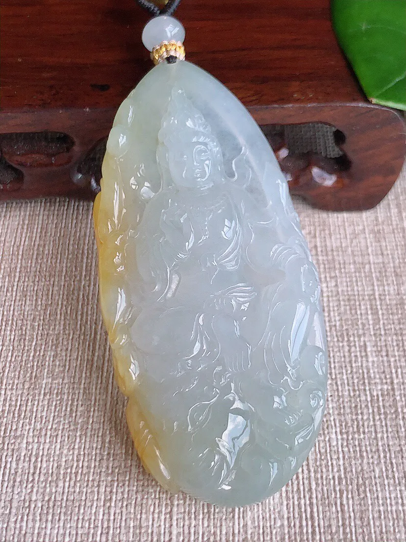 a货翡翠老坑冰种飘黄翡普贤菩萨吊坠 尺寸67.5×31.4×6.6mm 重量32.30g 0607