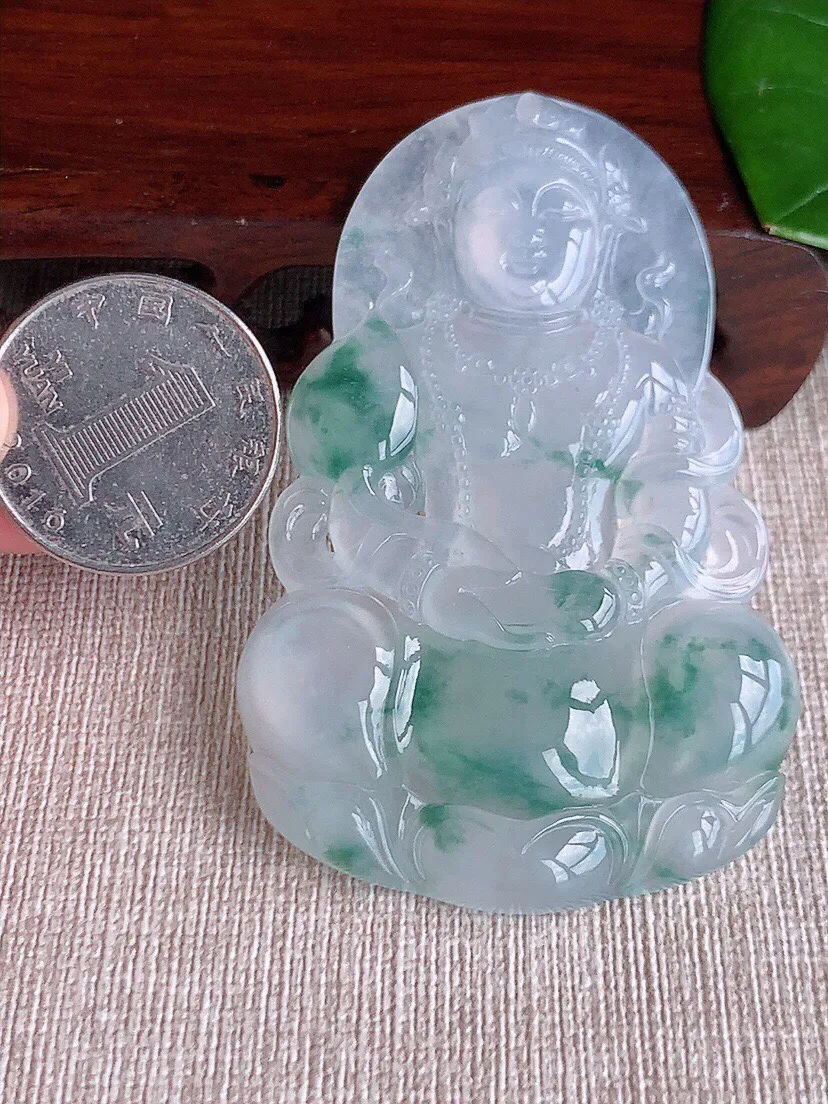 a货翡翠老坑冰种飘花大度母观音吊坠 尺寸68.4×44.5×6mm 重量31.12g 0607
