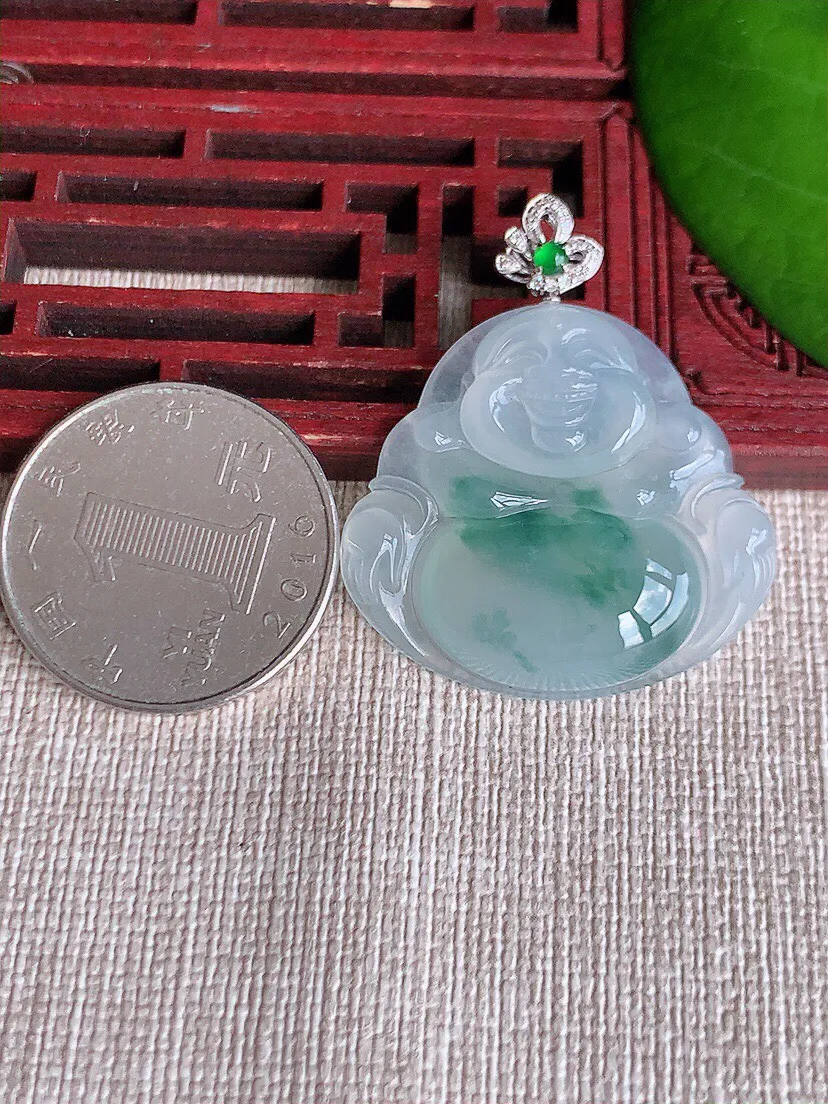 a货翡翠老坑冰种18K金镶嵌飘花佛公吊坠 尺寸37.5×29.2×31.7×5.6mm 重量8.96g 0607