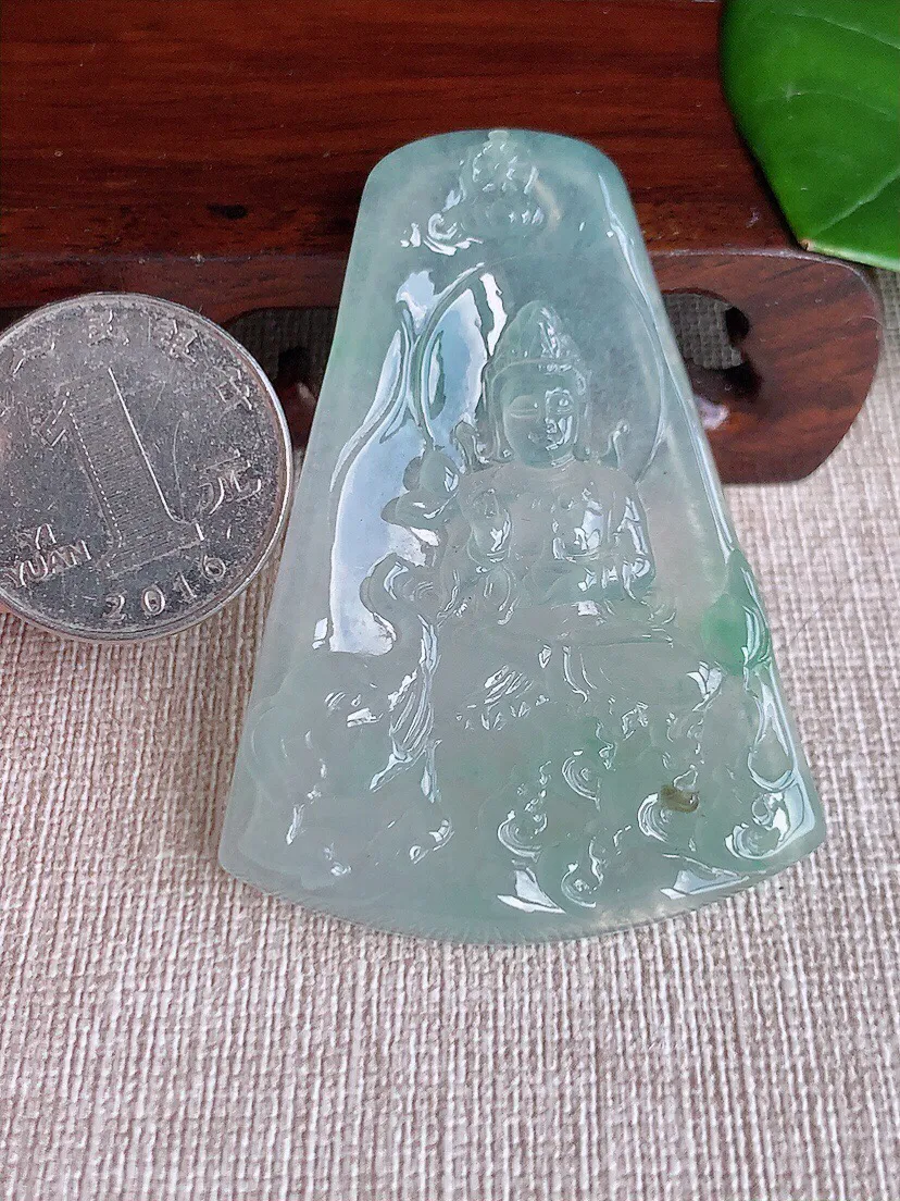 a货翡翠老坑冰种晴绿普贤菩萨吊坠 尺寸58.6×41.2×5mm 重量24.38g 0607