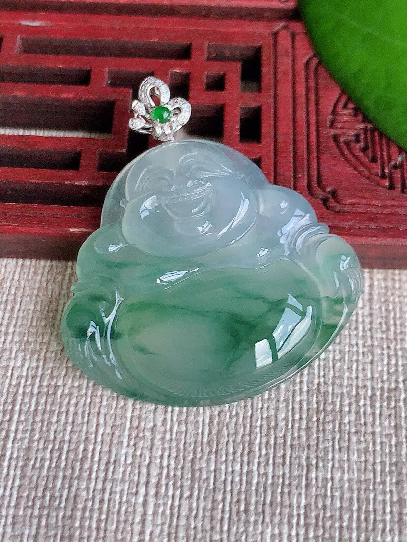 a货翡翠老坑冰种18K金扣头飘花一刀切佛公吊坠 尺寸37×29×32×5.4mm 重量9.93g 0607