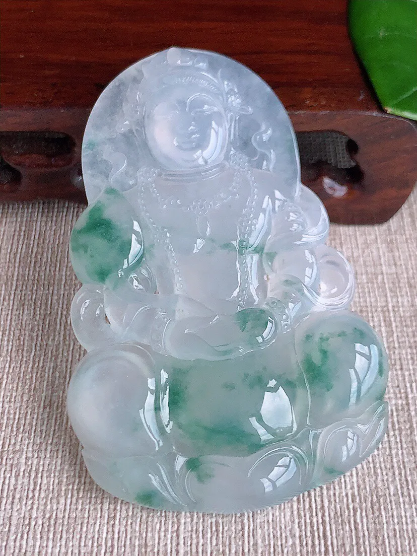a货翡翠老坑冰种飘花大度母观音吊坠 尺寸68.4×44.5×6mm 重量31.12g 0607