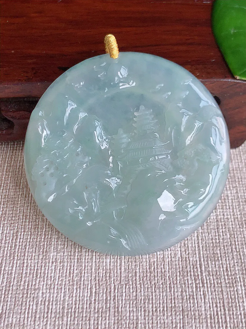 a货翡翠老坑冰种晴水意境山水牌吊坠  尺寸49.7×6mm 重量30.28g 0608