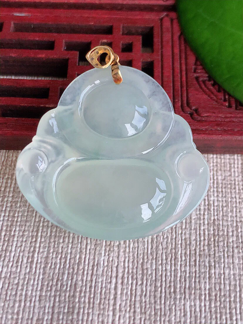 a货翡翠老坑冰种18K金扣头晴水佛公吊坠 尺寸32×34.5×6.5mm 重量10.88g 0608