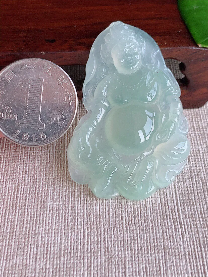 a货翡翠老坑冰种晴水黄财神吊坠 尺寸50.7×32.7×5mm 重量14.25g 0608