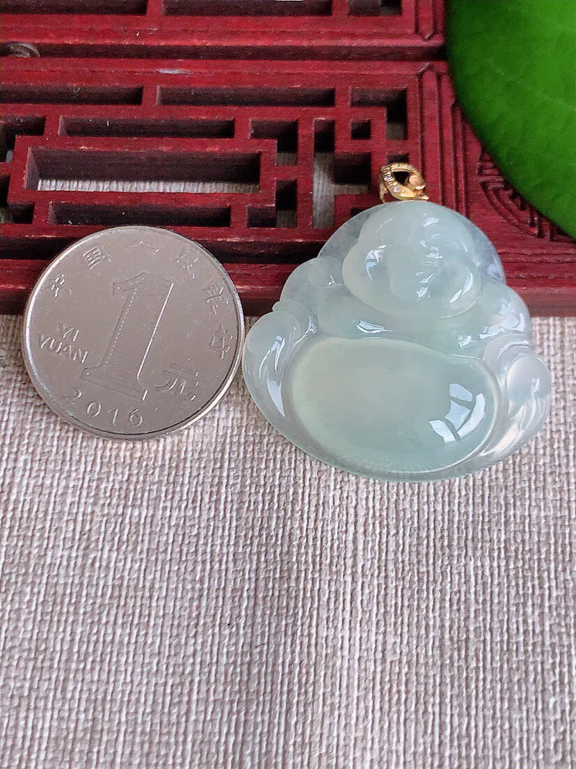 a货翡翠老坑冰种18K金扣头晴水佛公吊坠 尺寸32×34.5×6.5mm 重量10.88g 0608