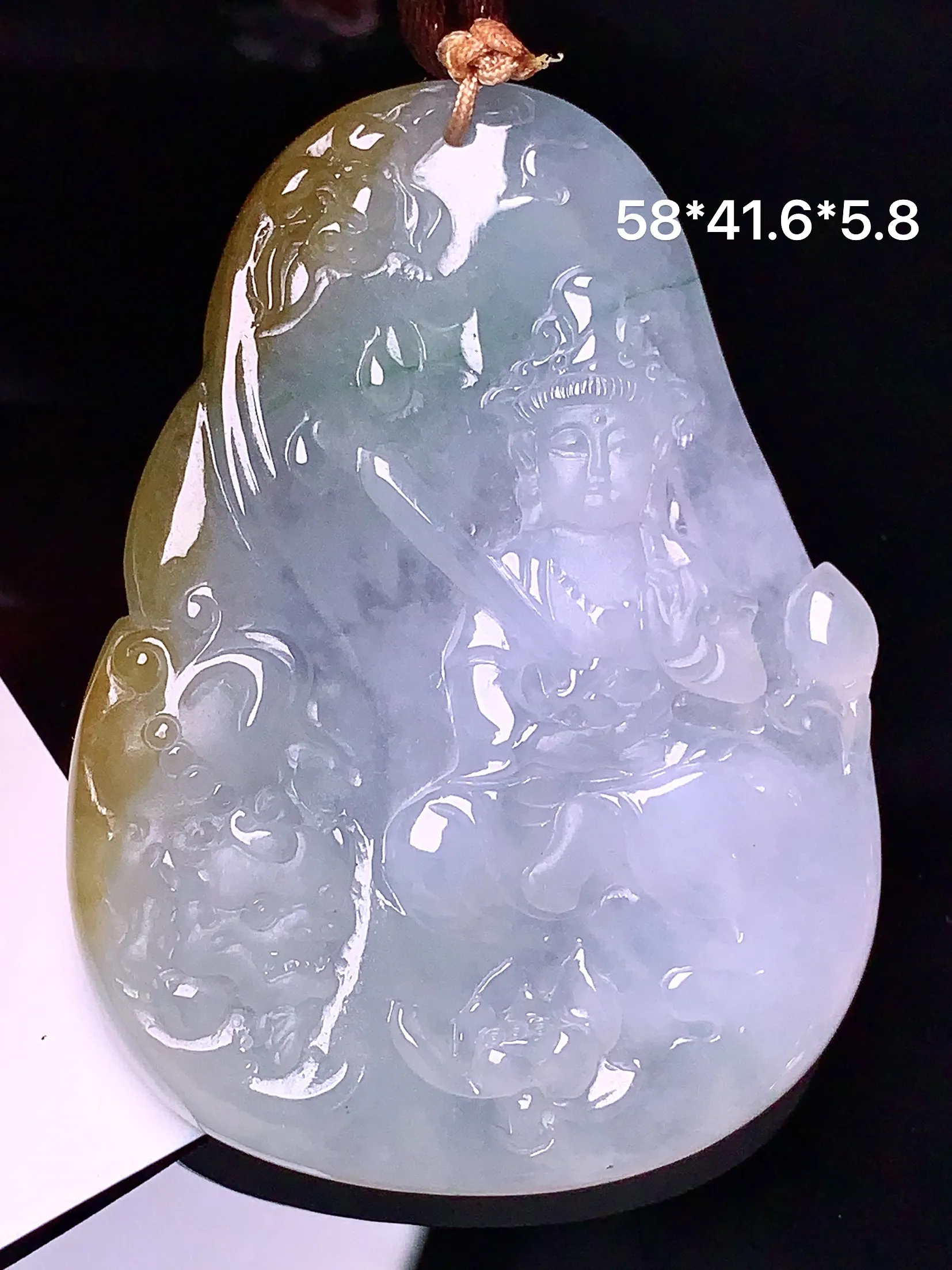 飘黄翡文殊观音菩萨吊坠 玉质细腻 色泽艳丽 整体尺寸58*41.6*5.8