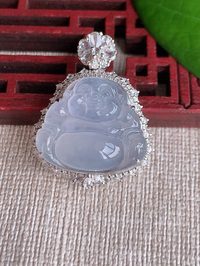 a货翡翠老坑冰种18K金伴钻镶嵌淡紫罗兰佛公吊坠 尺寸29.4×23×12裸石17×20mm 重量6.00g 0608