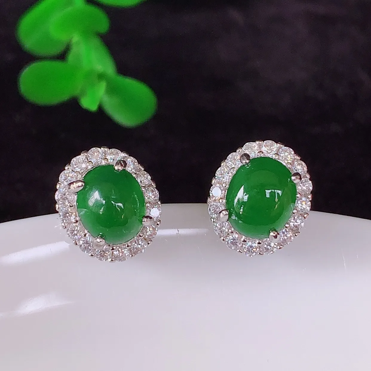 冰透满绿翡翠925银镶嵌蛋面耳钉，自然光实拍，翠色灵动，颜色漂亮 种老水足，品相佳，佩戴佳品！#96.7整体10.5*9*18.8裸石6.6*5.5