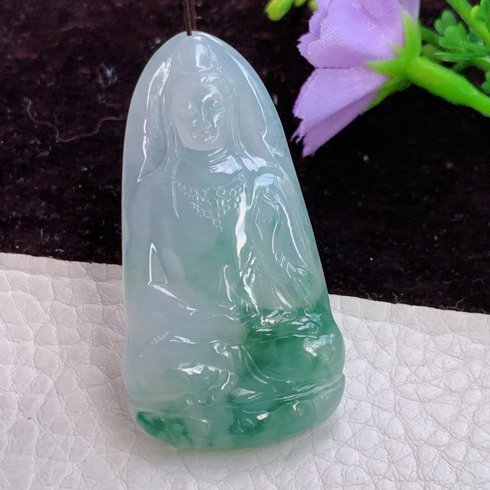 lz实拍50.3*26.5*5天然翡翠飘花持瓶观音 冰胶蓝花玉观音玉吊坠 玉挂件