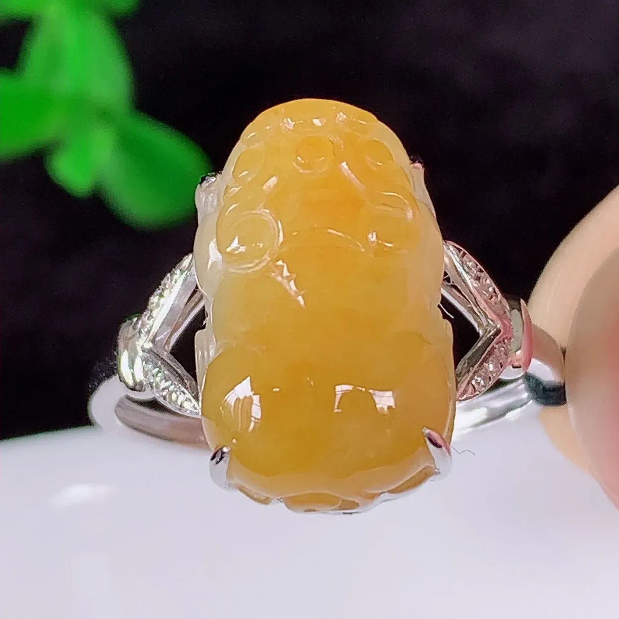 自然光实拍 18K金精工镶嵌冰黄翡翡翠貔貅戒指，玉质细腻，翡翠色泽均匀，艳丽饱满，款式高贵大气，14圈口，上手亮眼，#83.10内径17.8*戒指整体25*7.5裸石14*9