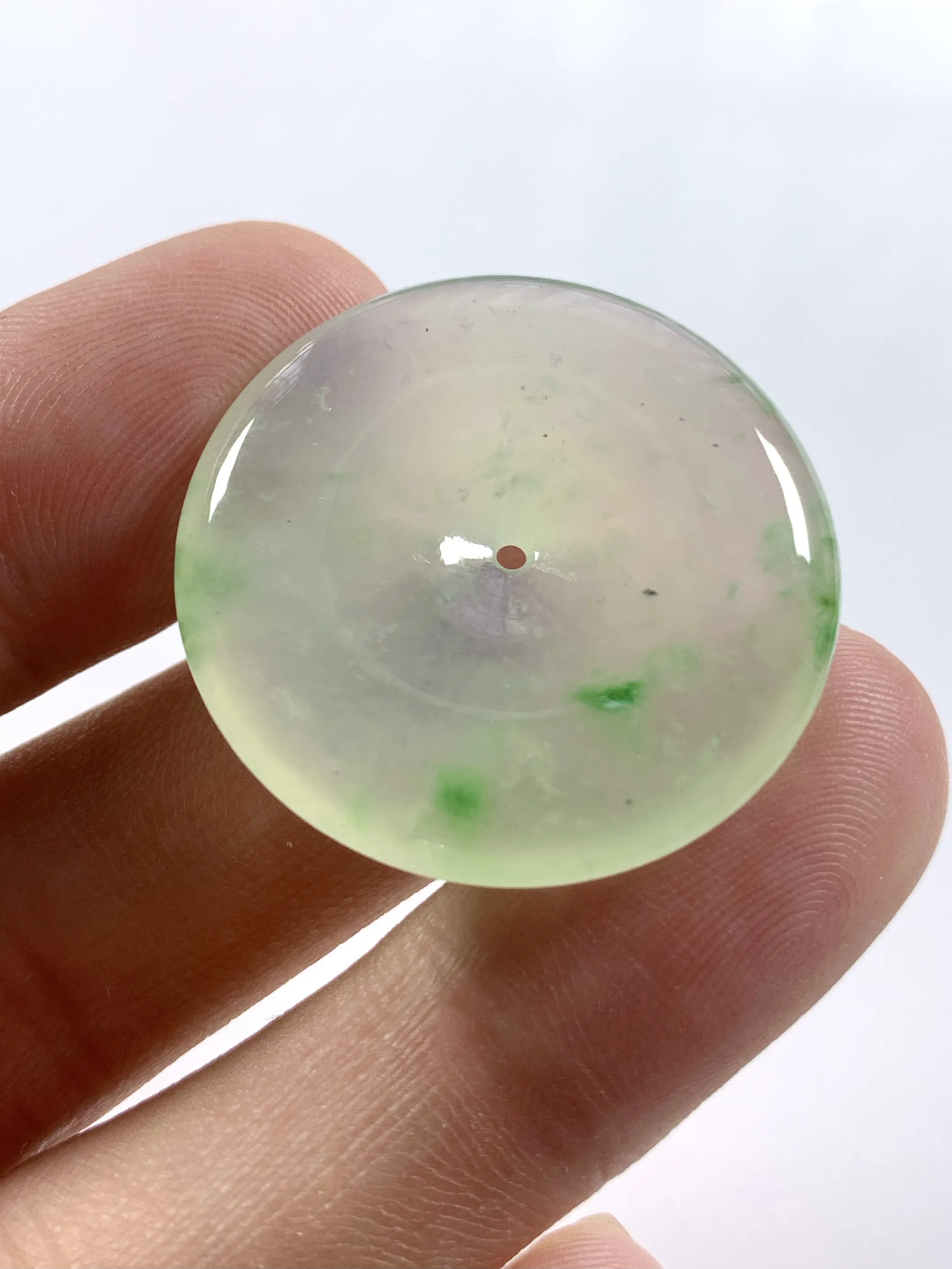 缅甸天然翡翠A货，冰种起胶飘绿平安扣吊坠挂件，尺寸：30.9/5.5mm