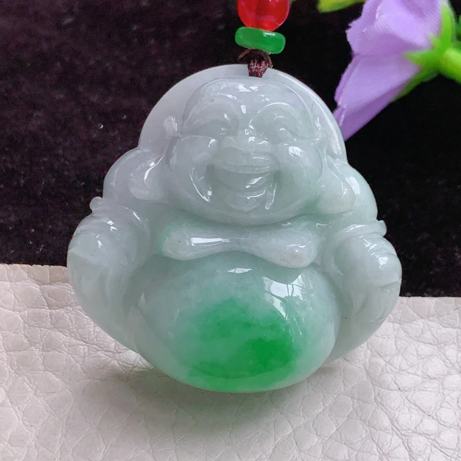 Zen实拍36.5*37.8*13.8天然翡翠飘绿饱满佛公 开心佛玉吊坠玉挂件
