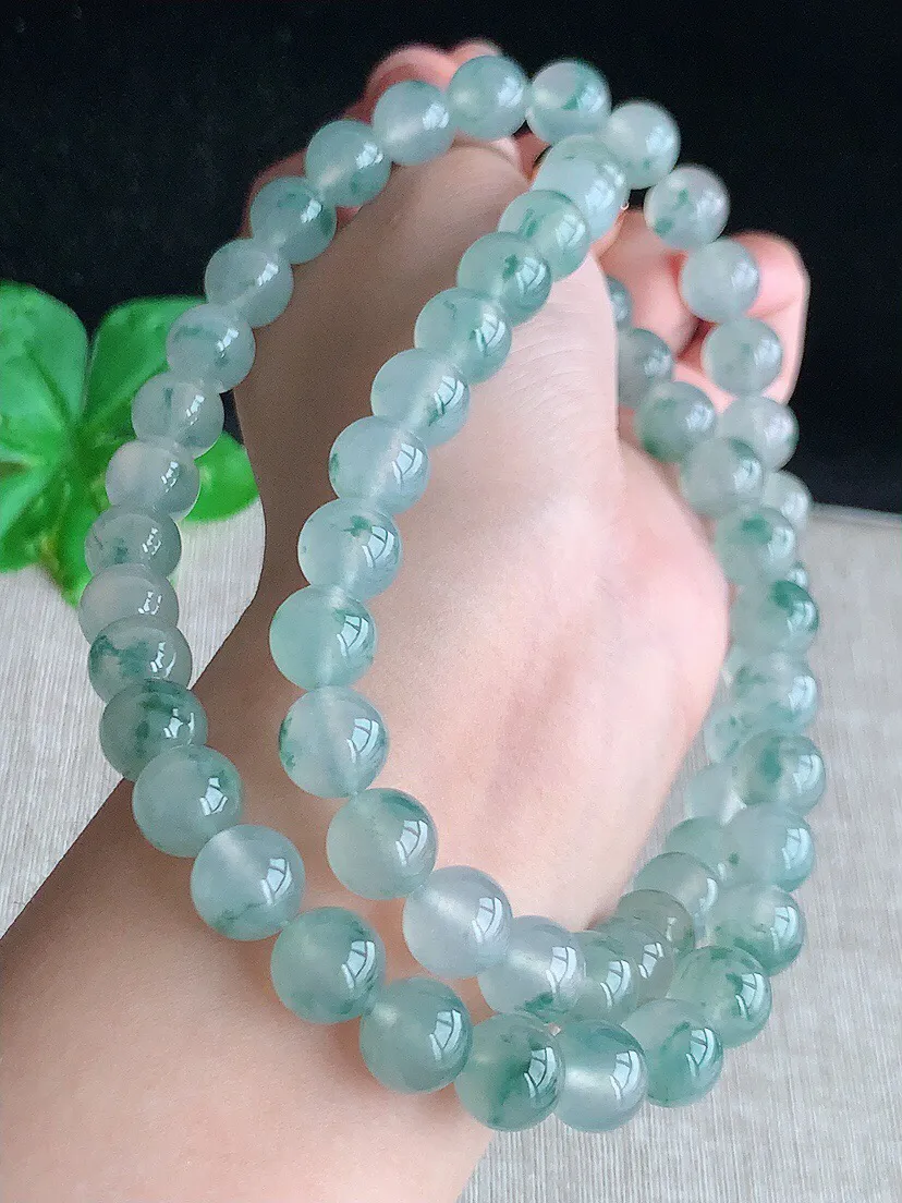 a货翡翠老坑高冰种飘花圆珠项链毛衣链60颗 尺寸9.8mm 重量110.04g 0612 B24