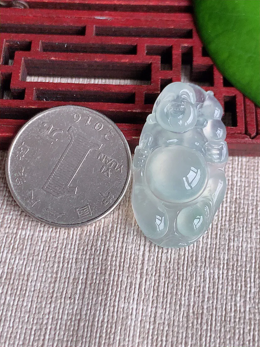 a货翡翠老坑冰种白月光布袋佛吊坠 尺寸34×18.6×6.6mm 重量6.26g 0612