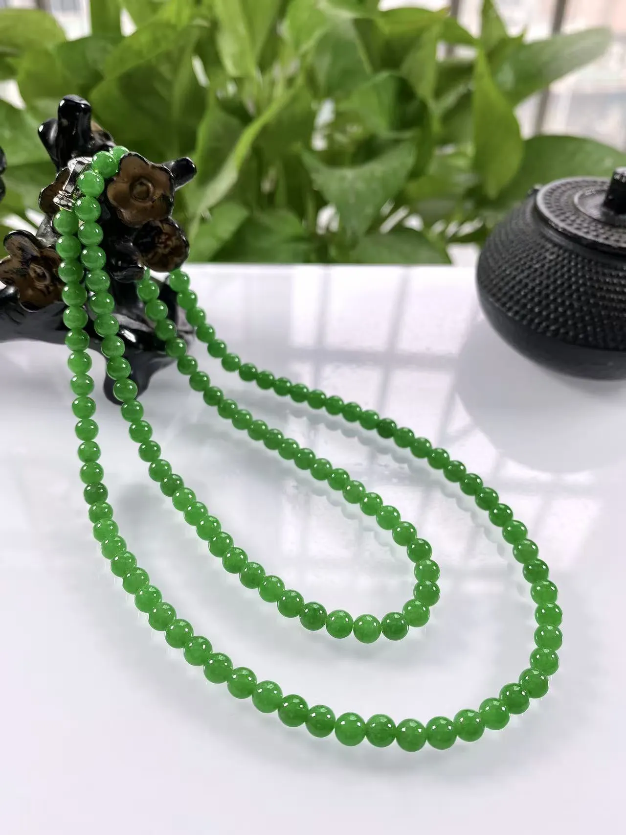 收藏级别，缅甸天然翡翠A货，卡5冰种起胶满绿浓阳绿圆珠项链手链，尺寸：5mm/126颗，长度610mm，重量：26.78g