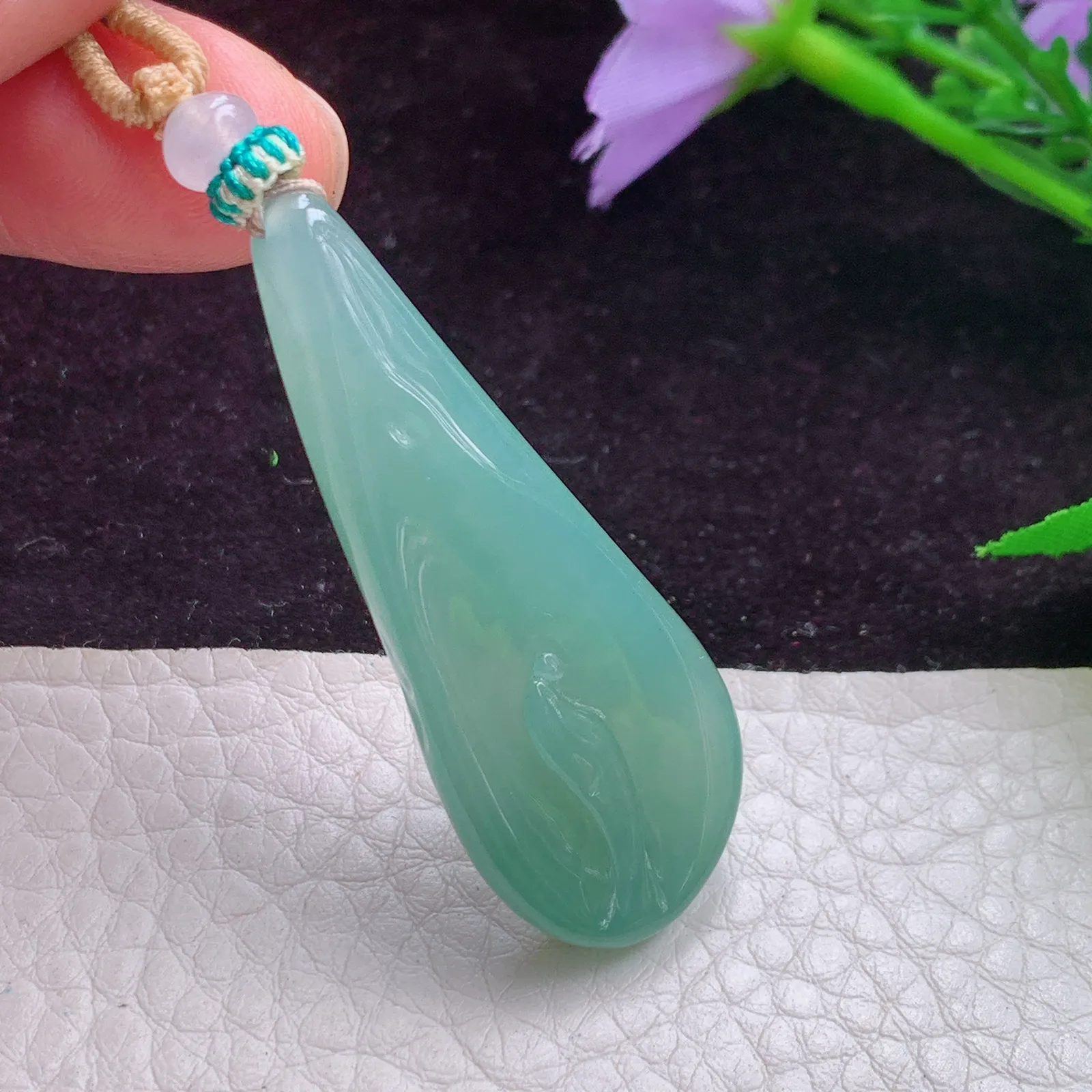 mut实拍47.5*20*5.8老坑精雕翡翠蓝韵小巧别致悟道玉吊坠 玉挂件