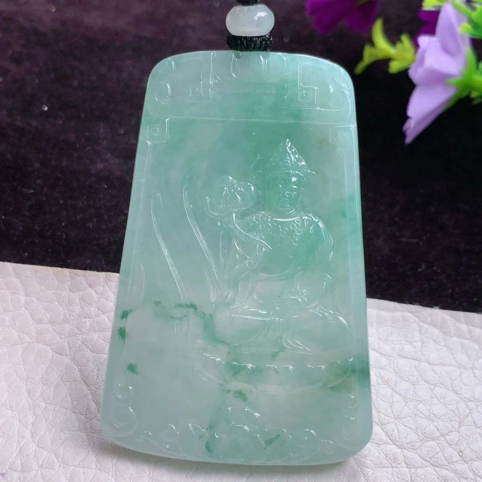mut实拍65.5*43*5老坑精雕冰飘花生肖守护神大势至玉吊坠 玉挂件