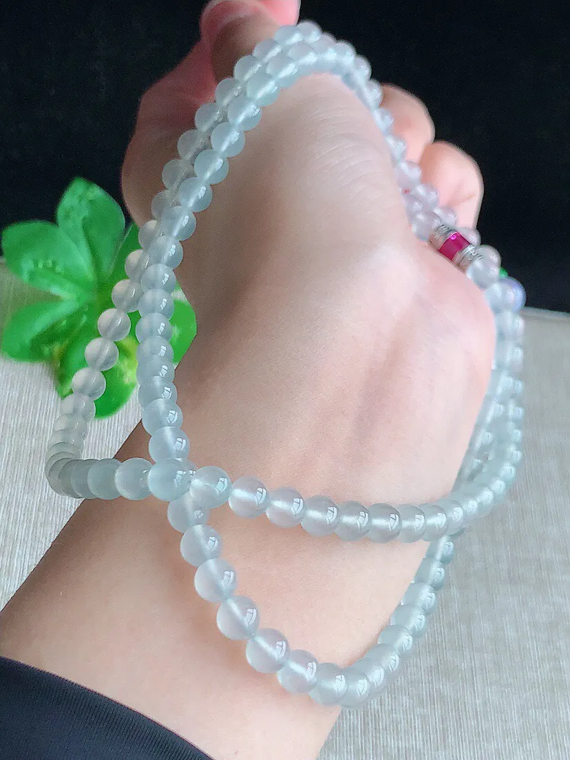 a货翡翠老坑高冰种白月光紫罗兰圆珠项链毛衣链109颗 尺寸7.6×5.6mm 重量41.80g 0612 A81