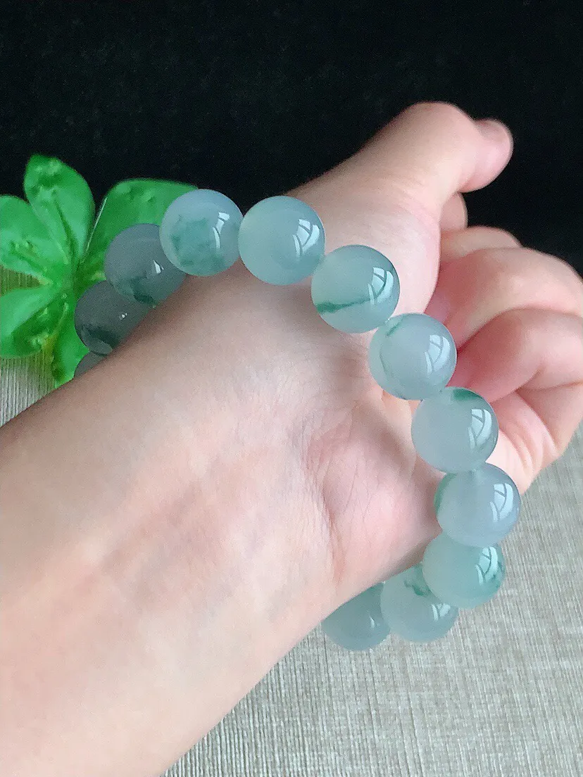 a货翡翠老坑冰种飘花圆珠佛珠手串16颗 尺寸12.7mm 重量59.88g 0613