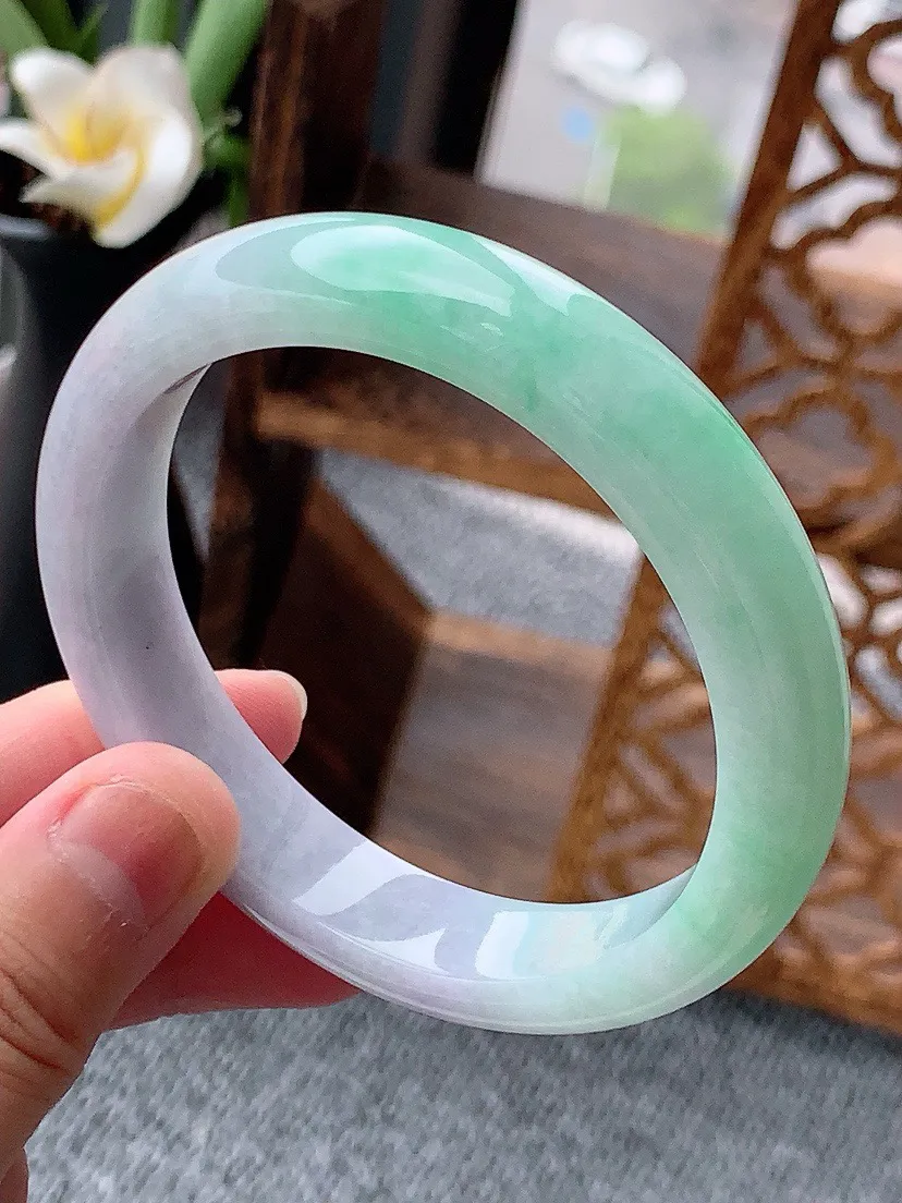 a货翡翠老坑春彩紫罗兰飘绿正装正圈手镯57-58圈口 尺寸57×12×8mm 重量57.16g 06