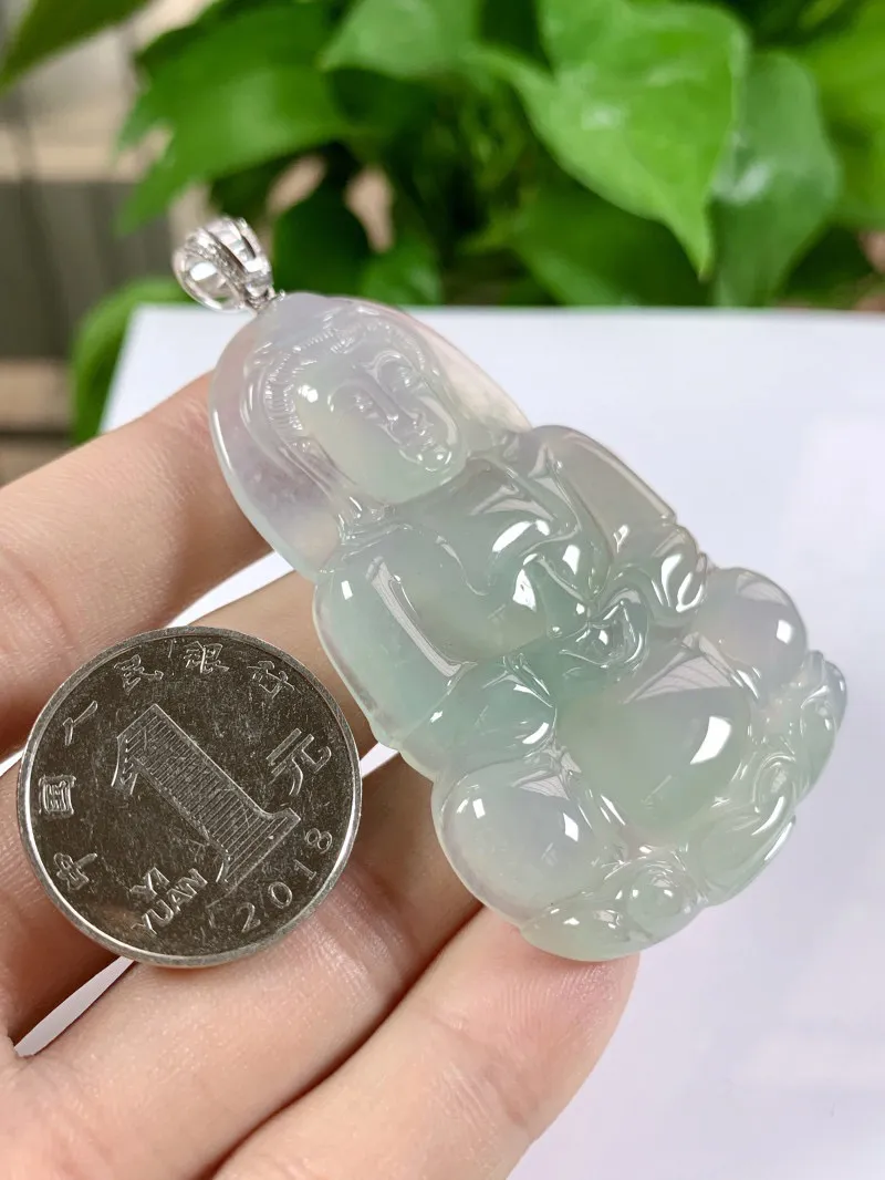 缅甸天然翡翠A货，18K金伴钻镶嵌冰种起胶观音吊坠挂件，整体尺寸：74/41.2/7.1mm裸石63