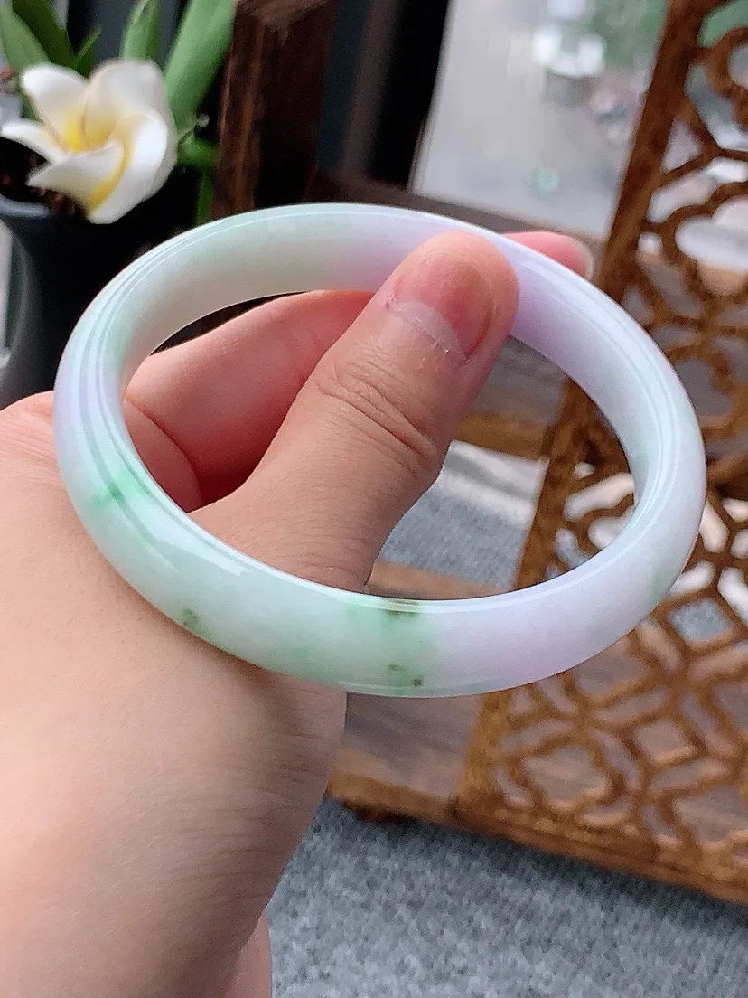 a货翡翠老坑春彩紫罗兰飘绿正装正圈手镯60-61大圈口  尺寸60×11.7×7mm 重量51.00g 0613