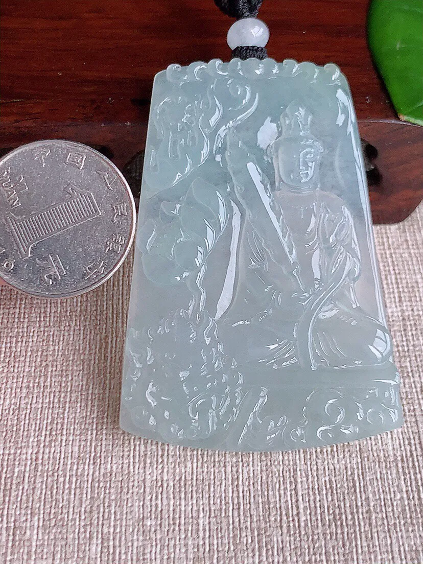 a货翡翠老坑冰种晴水文殊菩萨吊坠 尺寸62.2×42.3×5.4mm 重量36.57g 0613