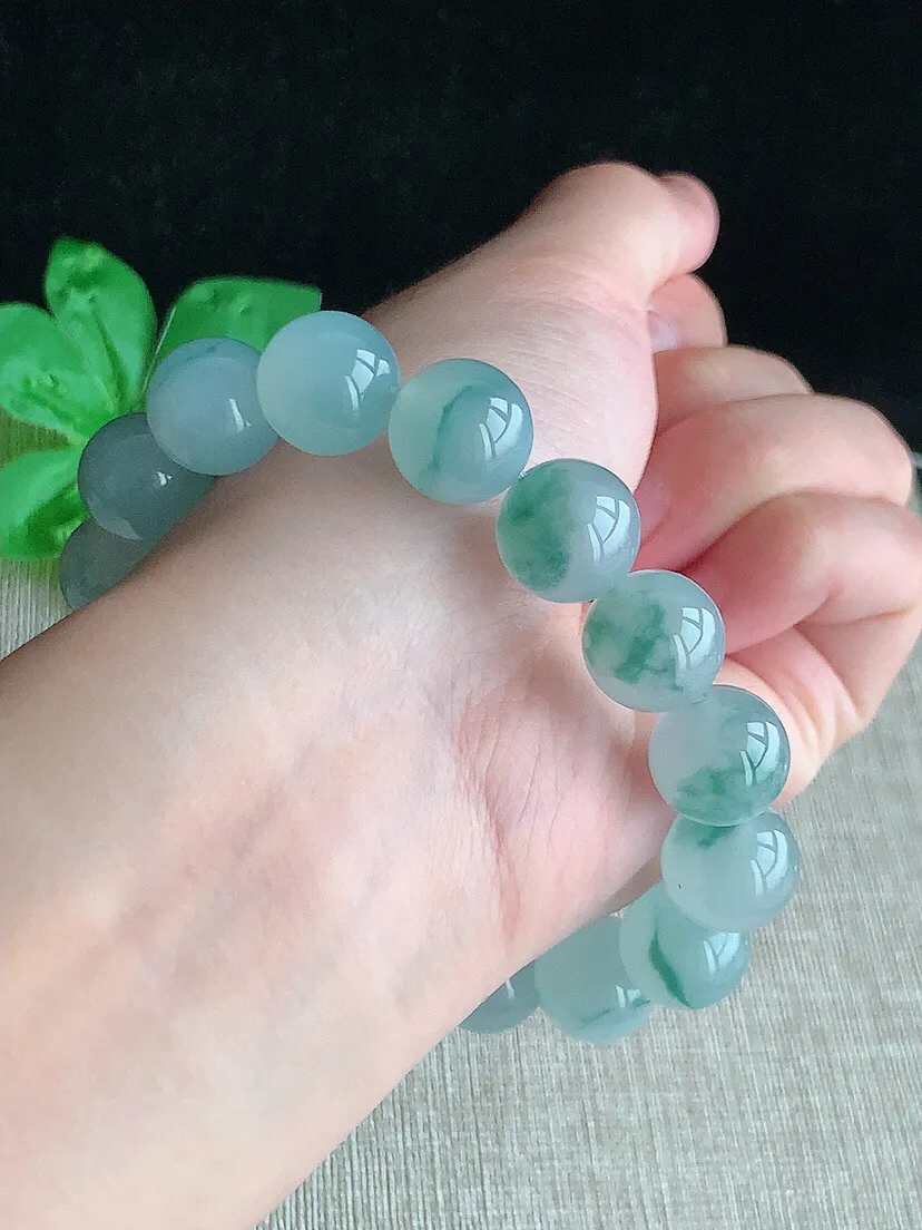 a货翡翠老坑冰种飘花圆珠佛珠手串16颗 尺寸12.7mm 重量59.88g 0613