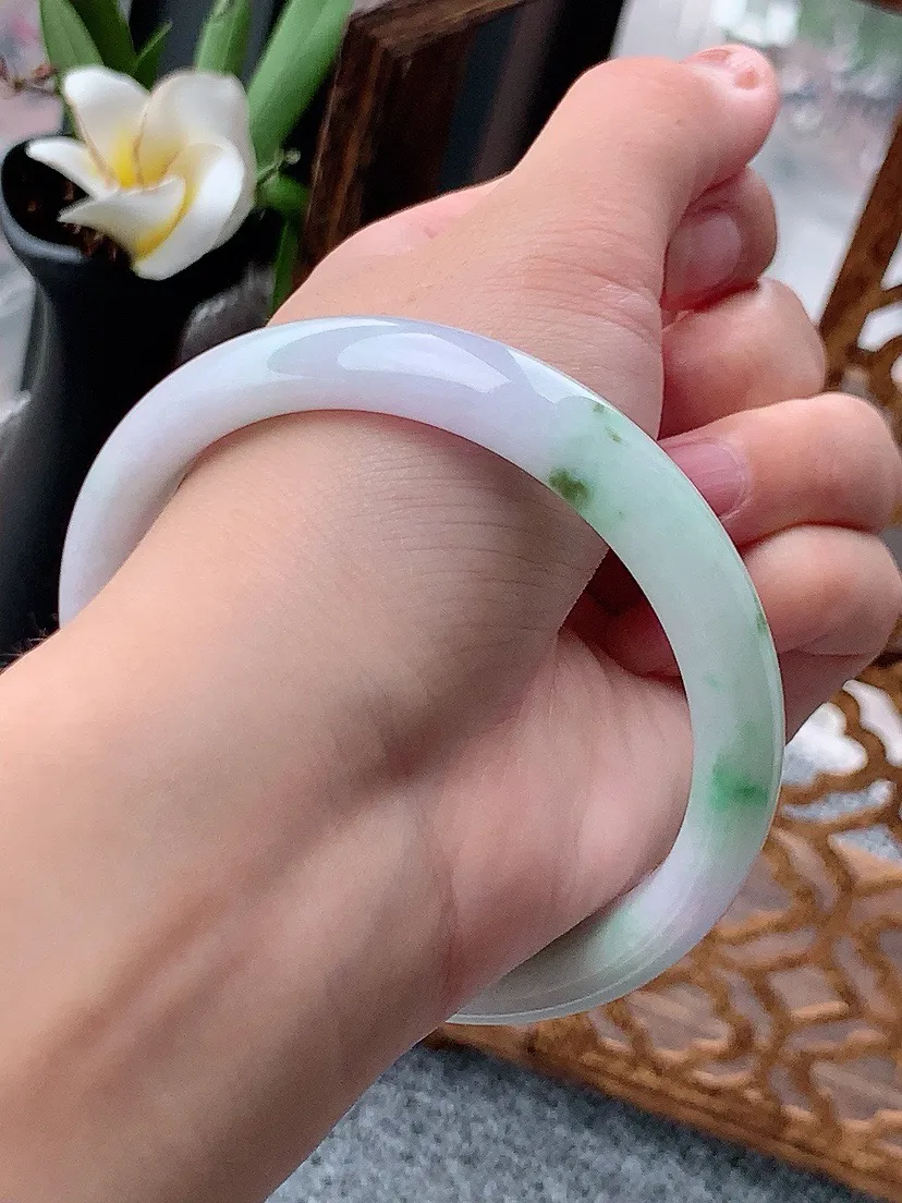 a货翡翠老坑春彩紫罗兰飘绿正装正圈手镯60-61大圈口  尺寸60×11.7×7mm 重量51.00g 0613