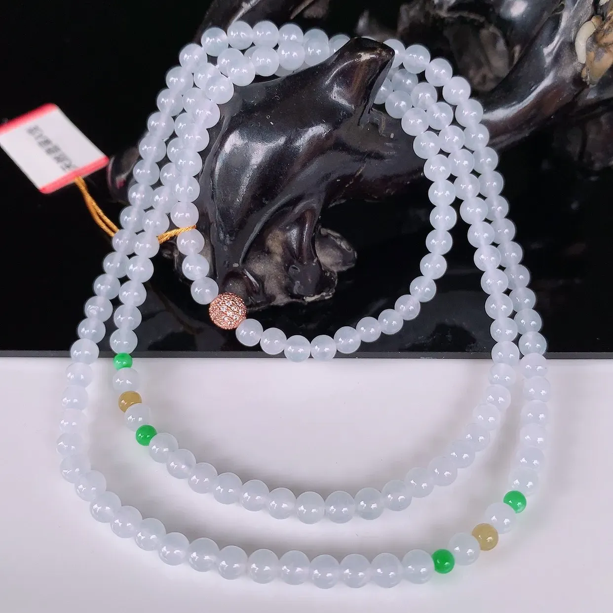 自然光实拍，冰润冰种三彩圆珠项链  翡翠项链 （装饰扣）玉质细腻  冰清玉润  颜色漂亮  #342