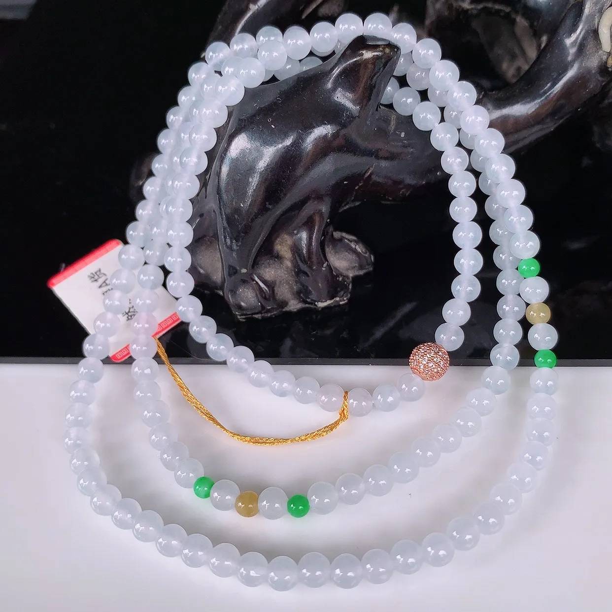 自然光实拍，冰润冰种三彩圆珠项链  翡翠项链 （装饰扣）玉质细腻  冰清玉润  颜色漂亮  #342.1尺寸4.5mm