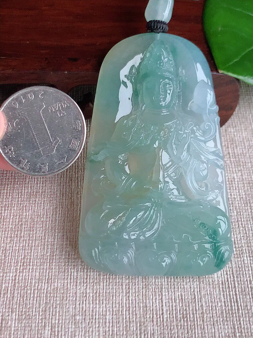 a货翡翠老坑冰种飘黄翡飘花一刀切大势至菩萨吊坠 尺寸68.2×41×8.4mm 重量55.44g 0613