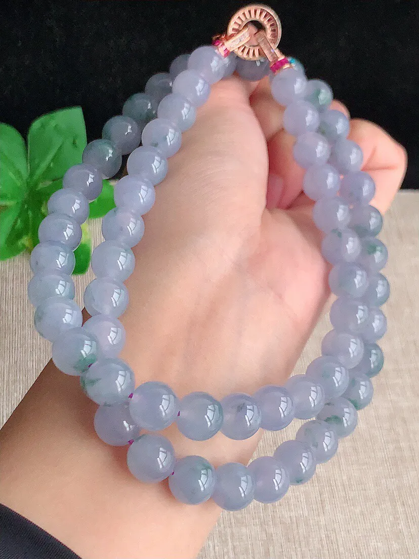 a货翡翠老坑冰种紫罗兰飘花圆珠项链毛衣链60颗 尺寸9.7mm 重量107.28g 0613 A66