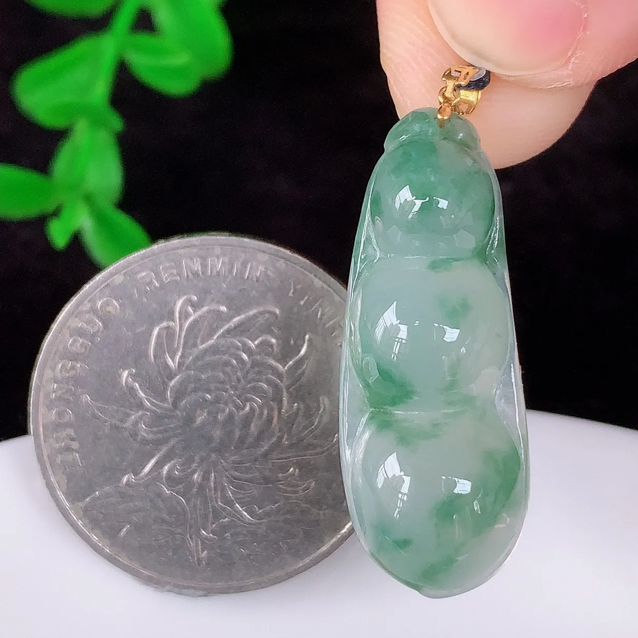 自然光实拍，18K金镶嵌冰种飘花翡翠四季豆吊坠，平安豆福豆玉坠，冰润通透，豆粒饱满，寓意：豆蔻年华！#49.12