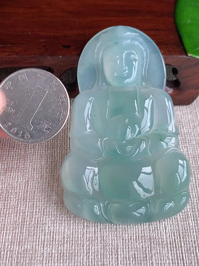 a货翡翠老坑冰种飘花大正装观音吊坠 尺寸67.4×41.5×6mm 重量29.60g 0613