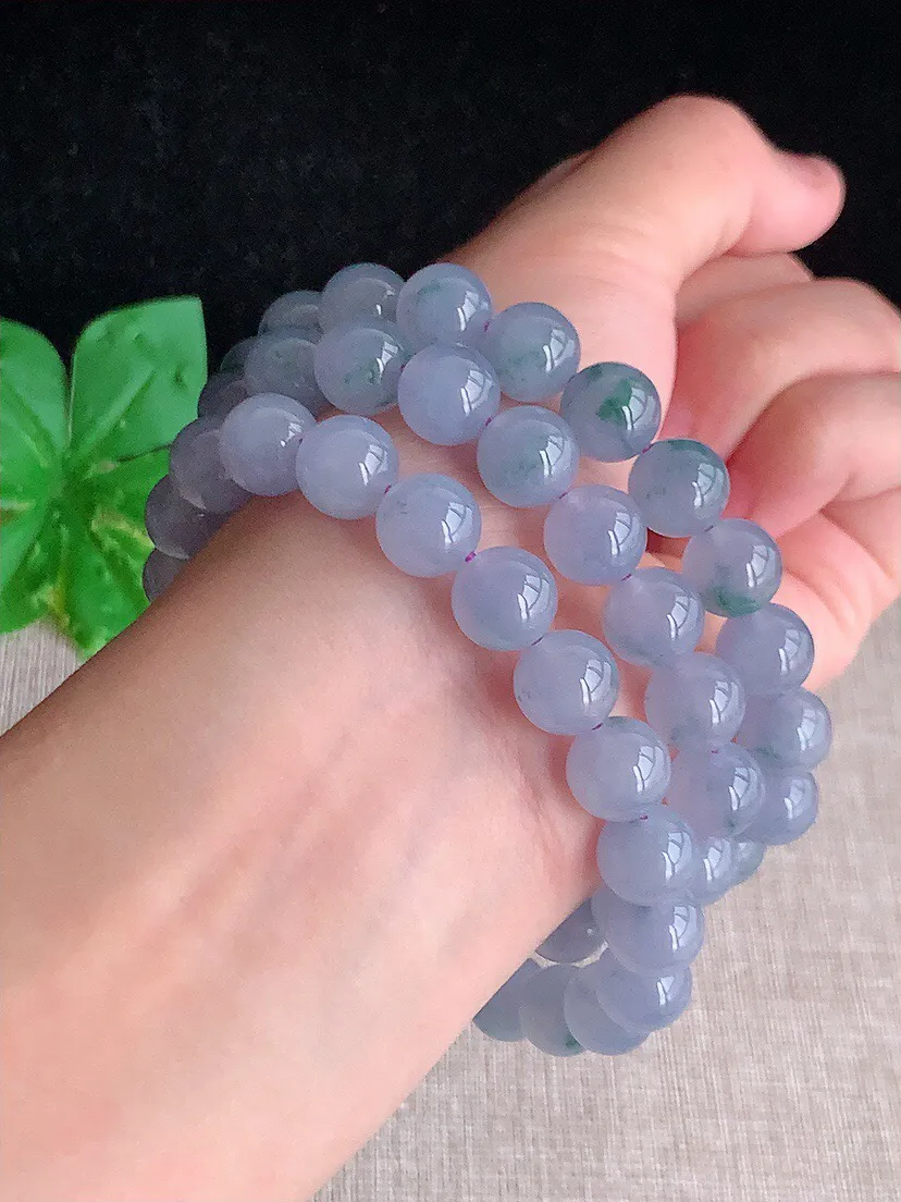 a货翡翠老坑冰种紫罗兰飘花圆珠项链毛衣链60颗 尺寸9.7mm 重量107.28g 0613 A66