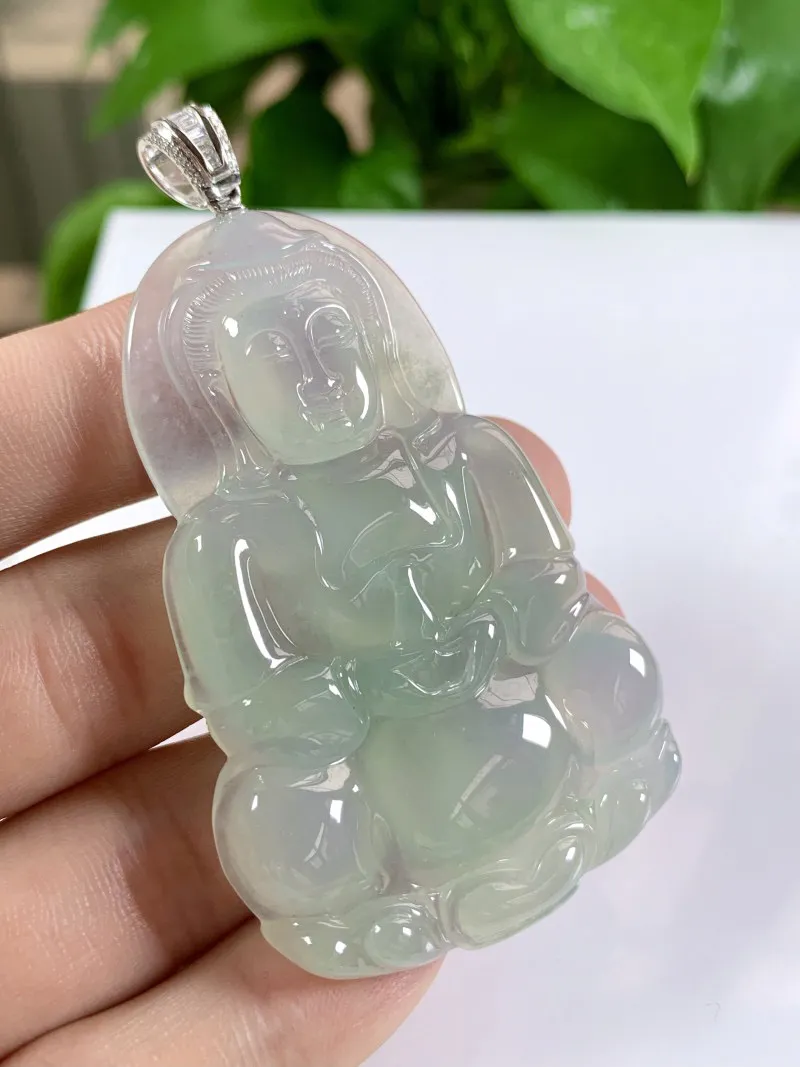 缅甸天然翡翠A货，18K金伴钻镶嵌冰种起胶观音吊坠挂件，整体尺寸：74/41.2/7.1mm裸石63.8/41.2/7.1mm