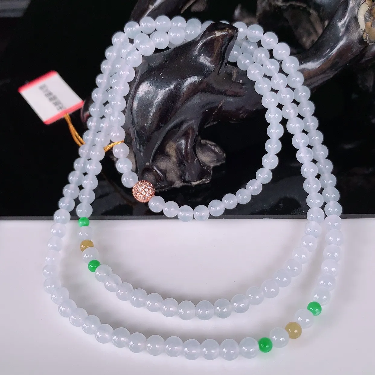 自然光实拍，冰润冰种三彩圆珠项链  翡翠项链 （装饰扣）玉质细腻  冰清玉润  颜色漂亮  #342.1尺寸4.5mm