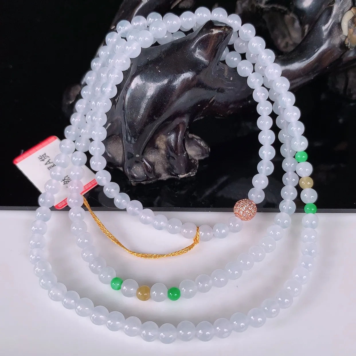 自然光实拍，冰润冰种三彩圆珠项链  翡翠项链 （装饰扣）玉质细腻  冰清玉润  颜色漂亮  #342.1尺寸4.5mm