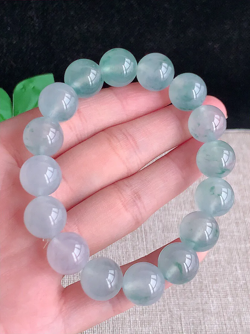a货翡翠老坑高冰种飘花圆珠佛珠手串16颗 尺寸12.4mm 重量58.26g 0613 B25