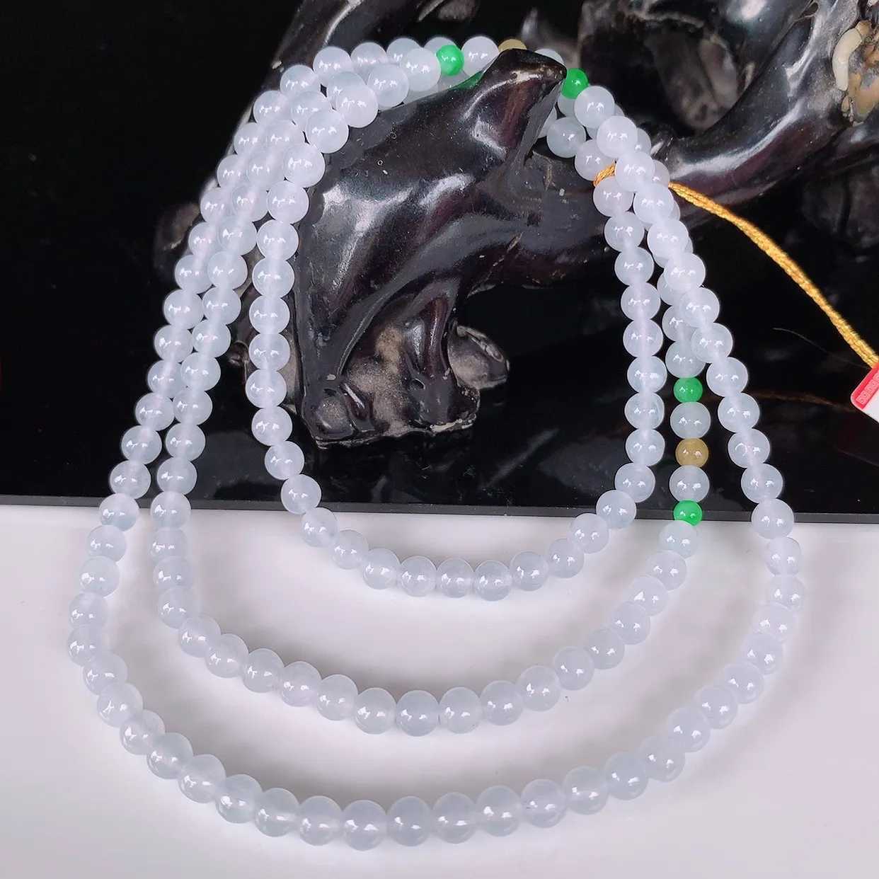 自然光实拍，冰润冰种三彩圆珠项链  翡翠项链 （装饰扣）玉质细腻  冰清玉润  颜色漂亮  #342.1尺寸4.5mm