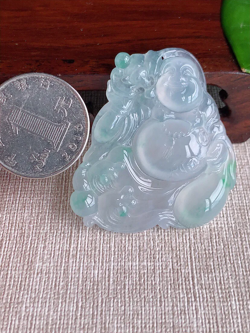 a货翡翠老坑冰种飘绿布袋佛吊坠 尺寸43×38.7×5.6mm 重量17.46g 0613