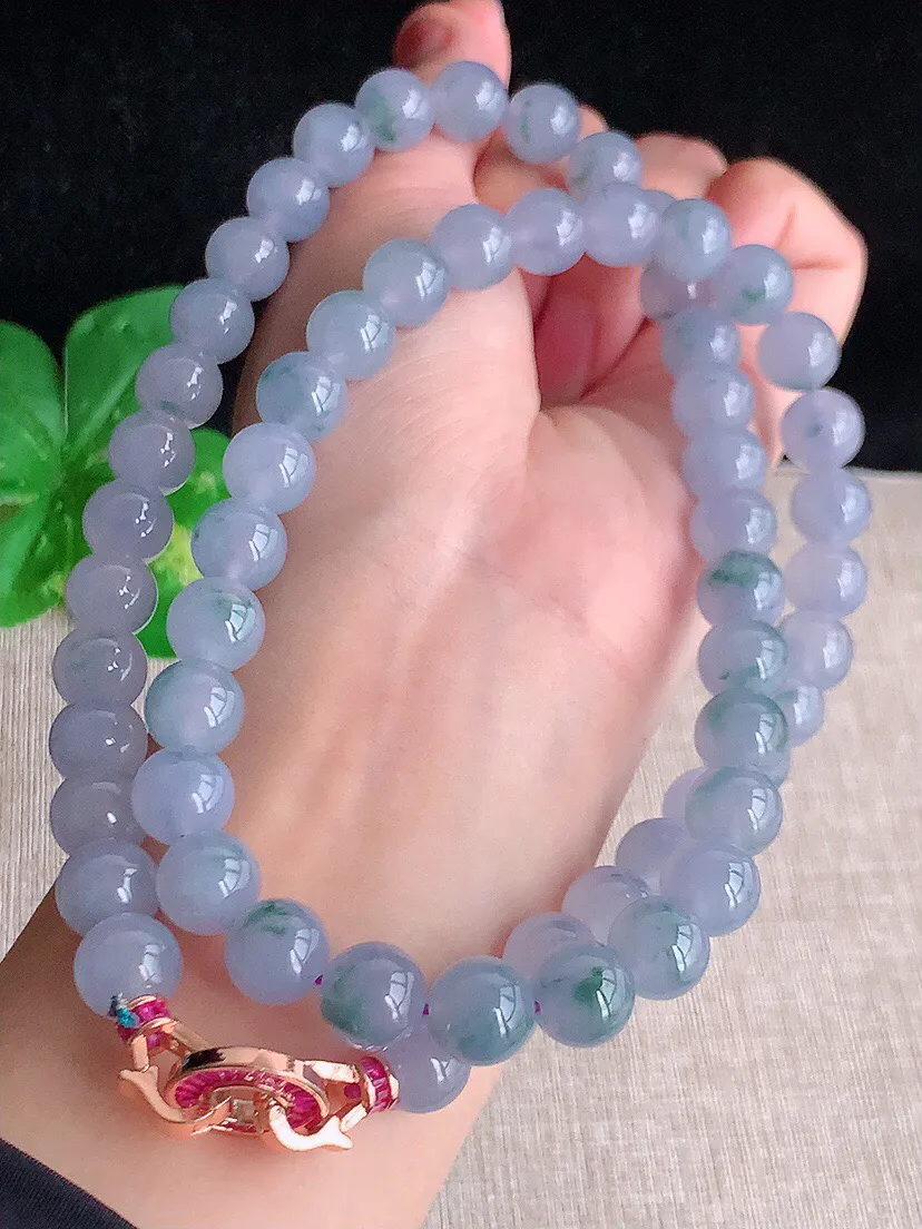 a货翡翠老坑冰种紫罗兰飘花圆珠项链毛衣链60颗 尺寸9.7mm 重量107.28g 0613 A66