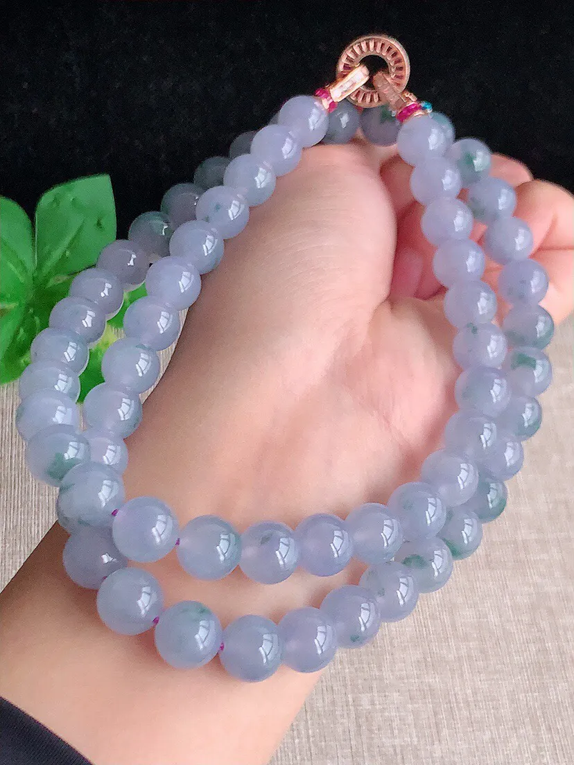 a货翡翠老坑冰种紫罗兰飘花圆珠项链毛衣链60颗 尺寸9.7mm 重量107.28g 0613 A66