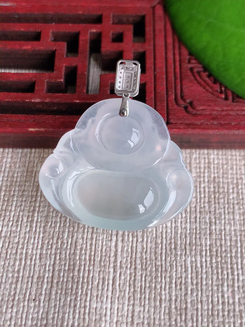 a货翡翠老坑冰种18K金扣头白月光佛公吊坠 尺寸29×22.2×26.3×5.5mm 重量5.60g