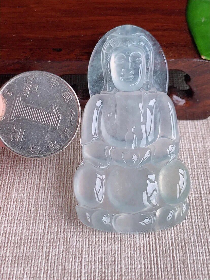 a货翡翠老坑高冰种白月光正装观音吊坠 尺寸59.6×31.7×5.5mm 重量19.85g 0614